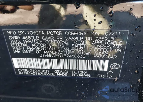 2011 Lexus Es 350 from USA, damaged, VIN JTHBK1EG1B2460630
